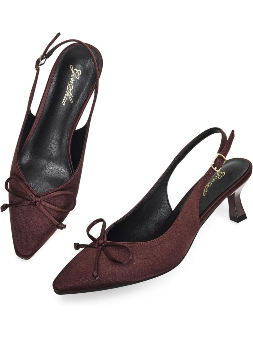 Women's Brown Satin With Bowknot Slingback Pump Closed Toe Low Kitten Heel Shoes
